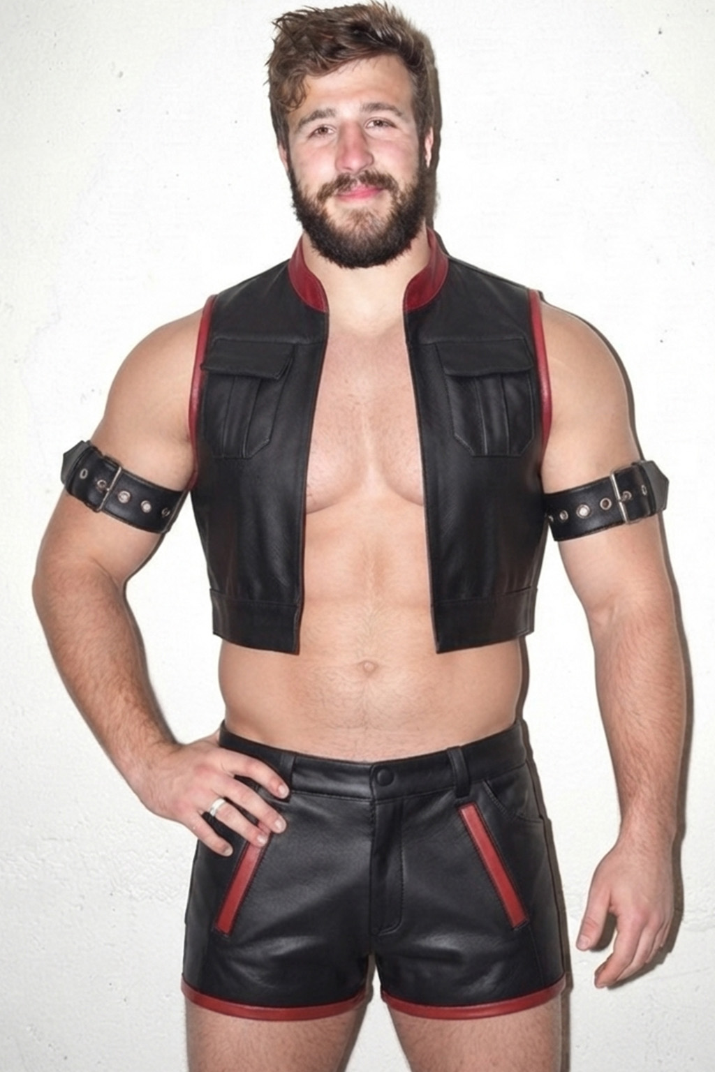 Joylgbt Men’s Retro Motorcycle Style Leather Crop Vest & Shorts Two-Piece Set