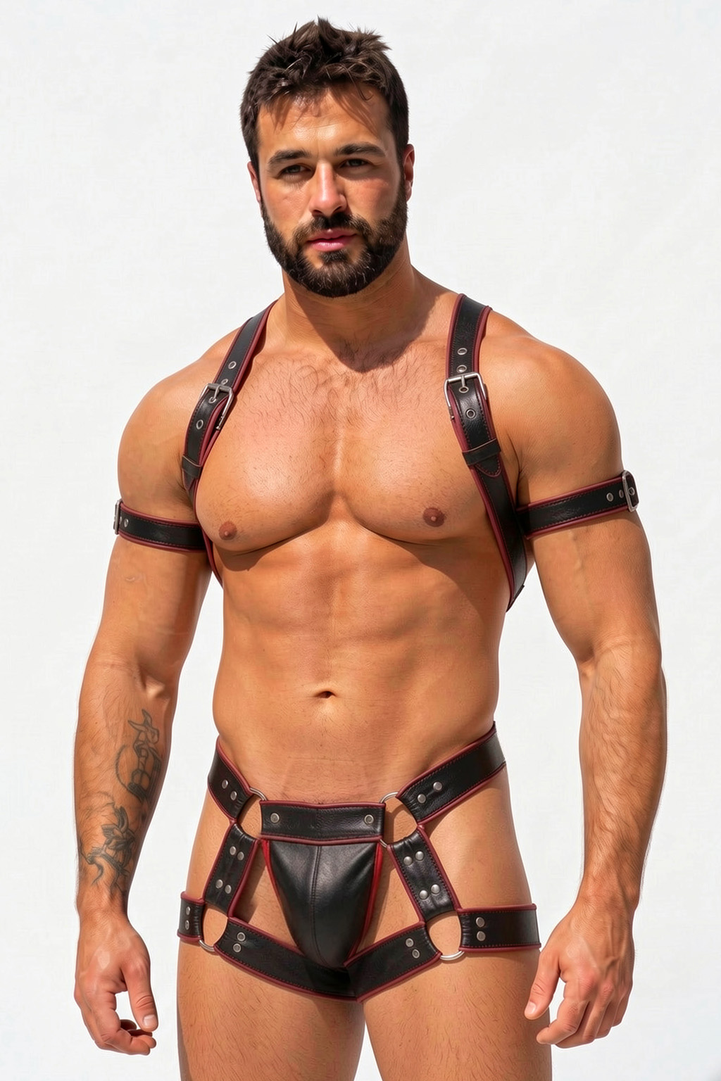 Joylgbt Men’s Black Leather Harness with Red Trim Open Chest Design
