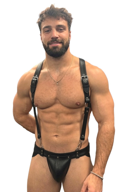 Joylgbt Men’s Black Leather Harness Bodysuit Fashion Strap Set