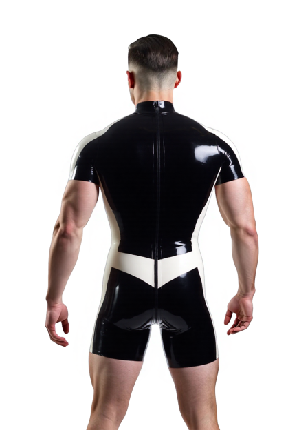 Men’s Faux Leather Contrast Panel Short Sleeve Bodysuit – Zippered Front & Back | Fetishwear for Clubbing, Roleplay & Party
