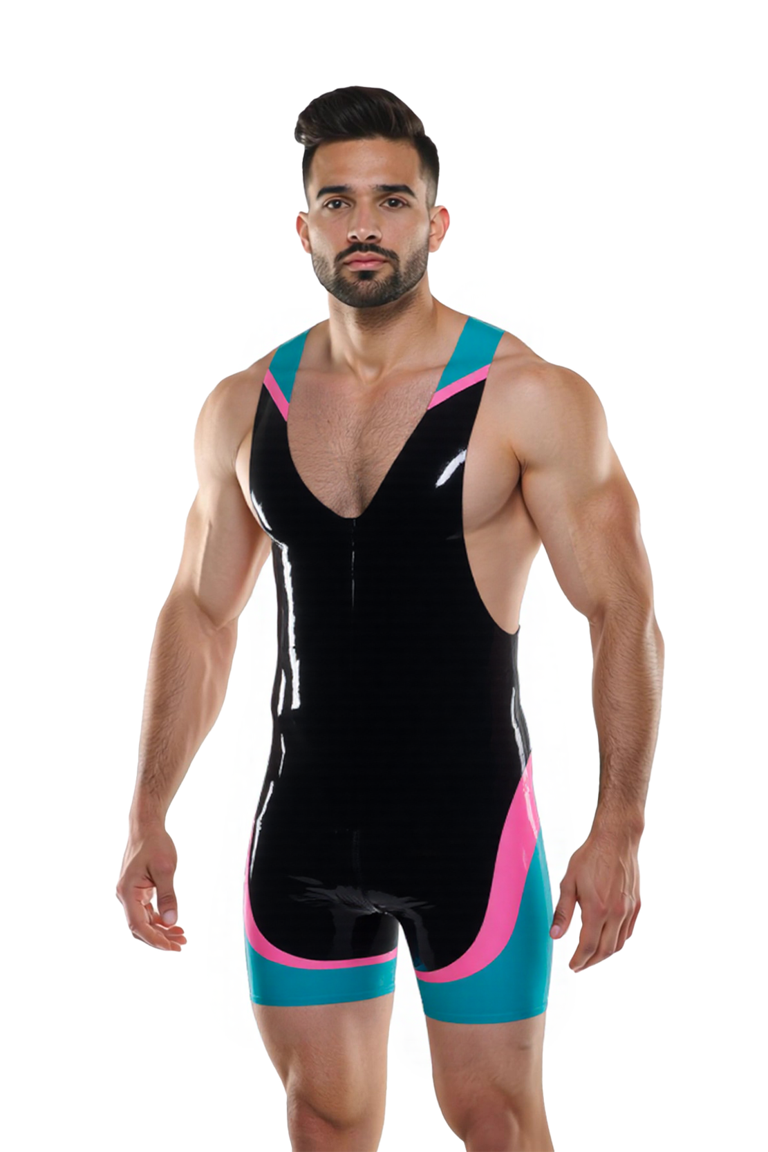 Men's Red & Grey Faux Leather Wrestling Bodysuit – Deep V Front, Rear Zip, Sleeveless Design