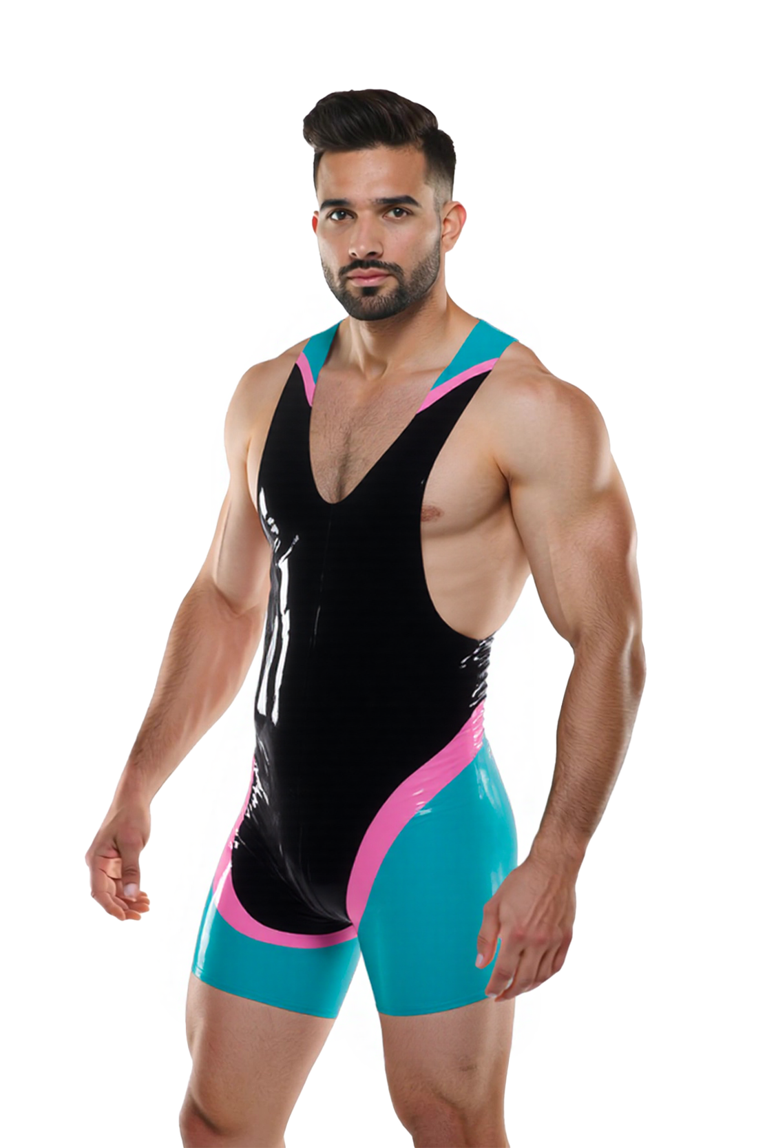 Men's Red & Grey Faux Leather Wrestling Bodysuit – Deep V Front, Rear Zip, Sleeveless Design