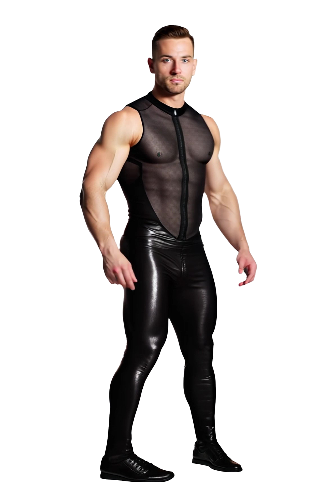 Joylgbt Sheer Mesh & Leather Look Men's Bodysuit – Sleeveless Zip-Up Jumpsuit for Clubwear & Roleplay