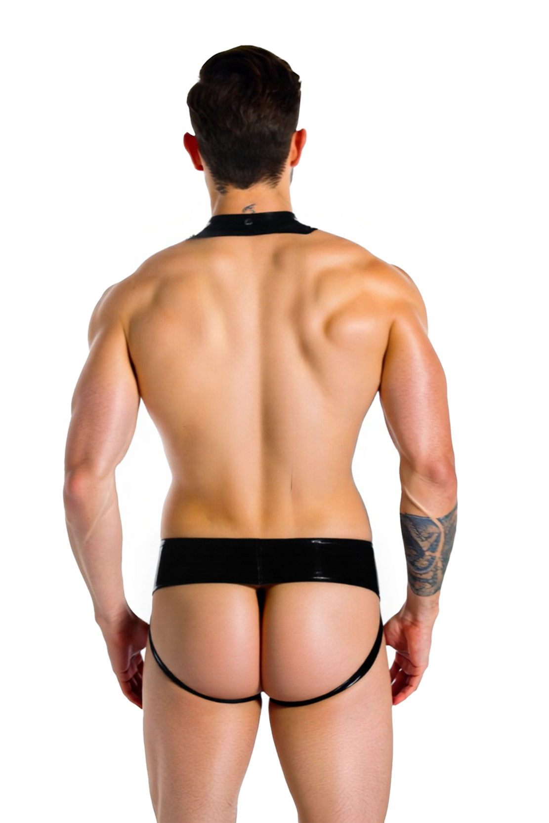 Men’s Faux Leather Lace-Up Open Back Bodysuit – Convertible Jockstrap & Full Brief Styles