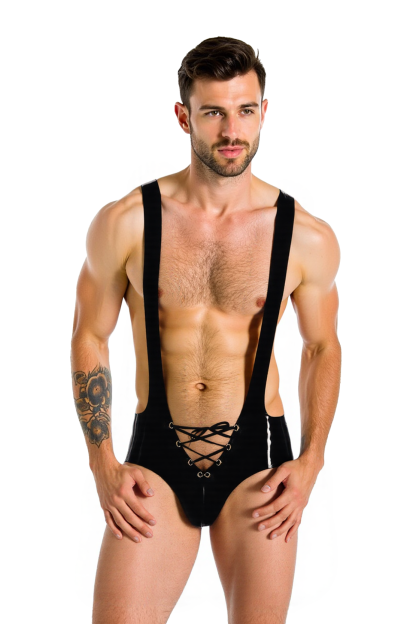 Men’s Faux Leather Lace-Up Open Back Bodysuit – Convertible Jockstrap & Full Brief Styles