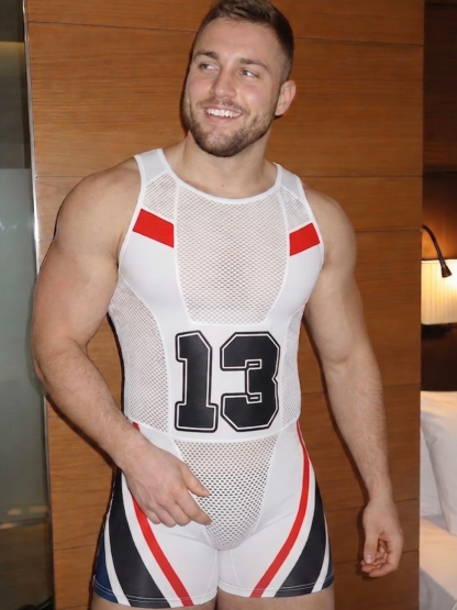 Joylgbt Men's Blue Breathable Mesh Number-Print Athletic Short Romper
