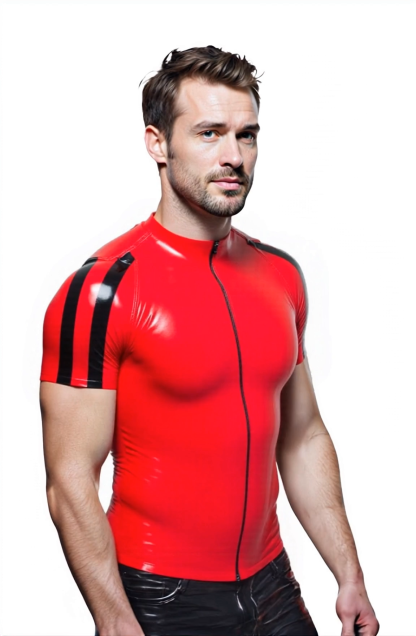 Joylgbt Men's High-Gloss Red & Black Short Sleeve Zip-Up Top