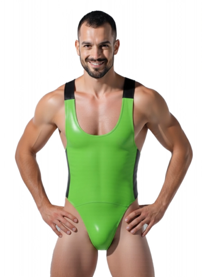 [Copy]Joylgbt‘s Men's High-Gloss Black PV Singlet with Two-Way Front Zipper and Red Racing Detail