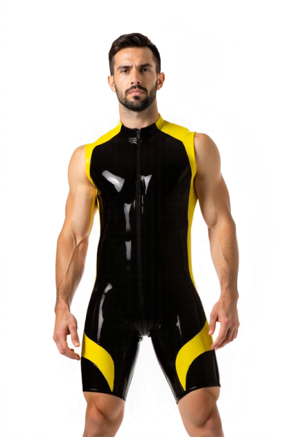 Joylgbt Men’s High-Neck PU Singlet Bodysuit – Glossy Black with Yellow Accents