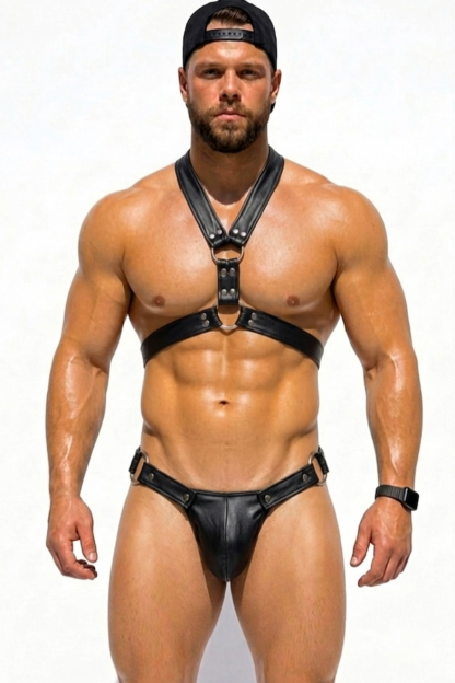 Men’s Black PU Leather Y-Front Harness & Brief Set 