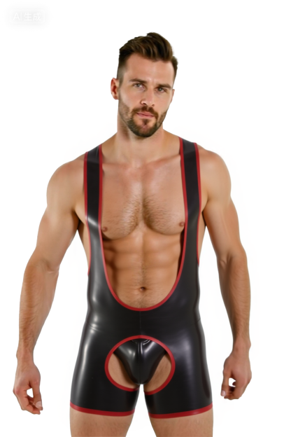 Joylgbt's Men’s Open Crotch Bodysuit with Contrast Trim – Faux Latex PVC Leather Wrestling Singlet