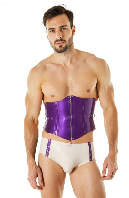 Purple Shiny Leather Corset & Studded Briefs Set – Kinky Waist Trainer with Matching Fetish-Inspired Underwear