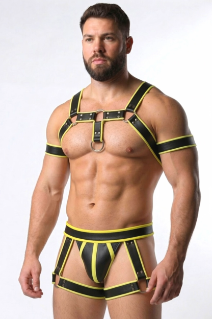 Joylgbt Black & Yellow PU Leather Harness Set