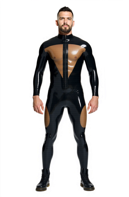 Men’s Full-Body Faux Leather Bodysuit with Muscle Illusion & Sheer Panels | JoyLGBT