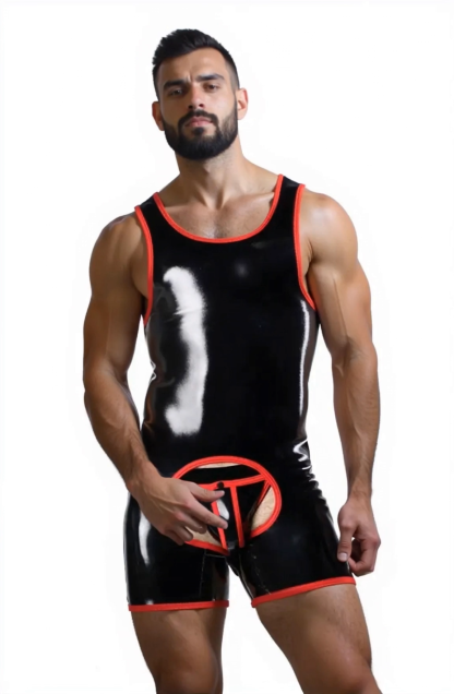 Joylgbt Sleek Full-Body Red Bodysuit for Men – Open Front Detail