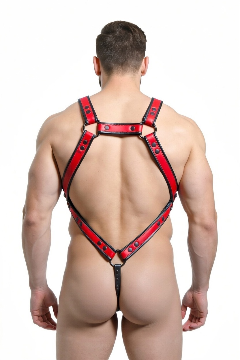 Joylgbt‘s Red & White Studded Body Harness with Zippered Contoured Jockstrap