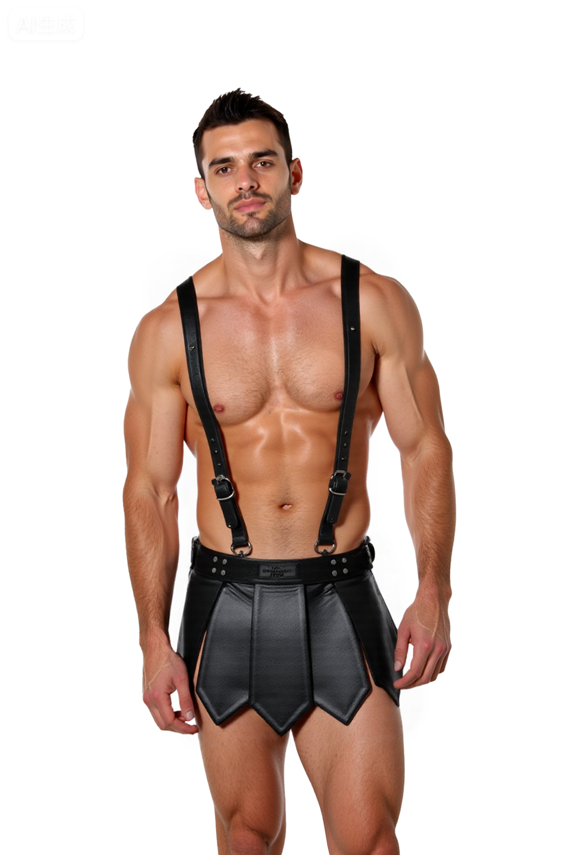 Men's Faux Leather Gladiator Kilt Harness Set – Sexy Roman Warrior Costume in Black