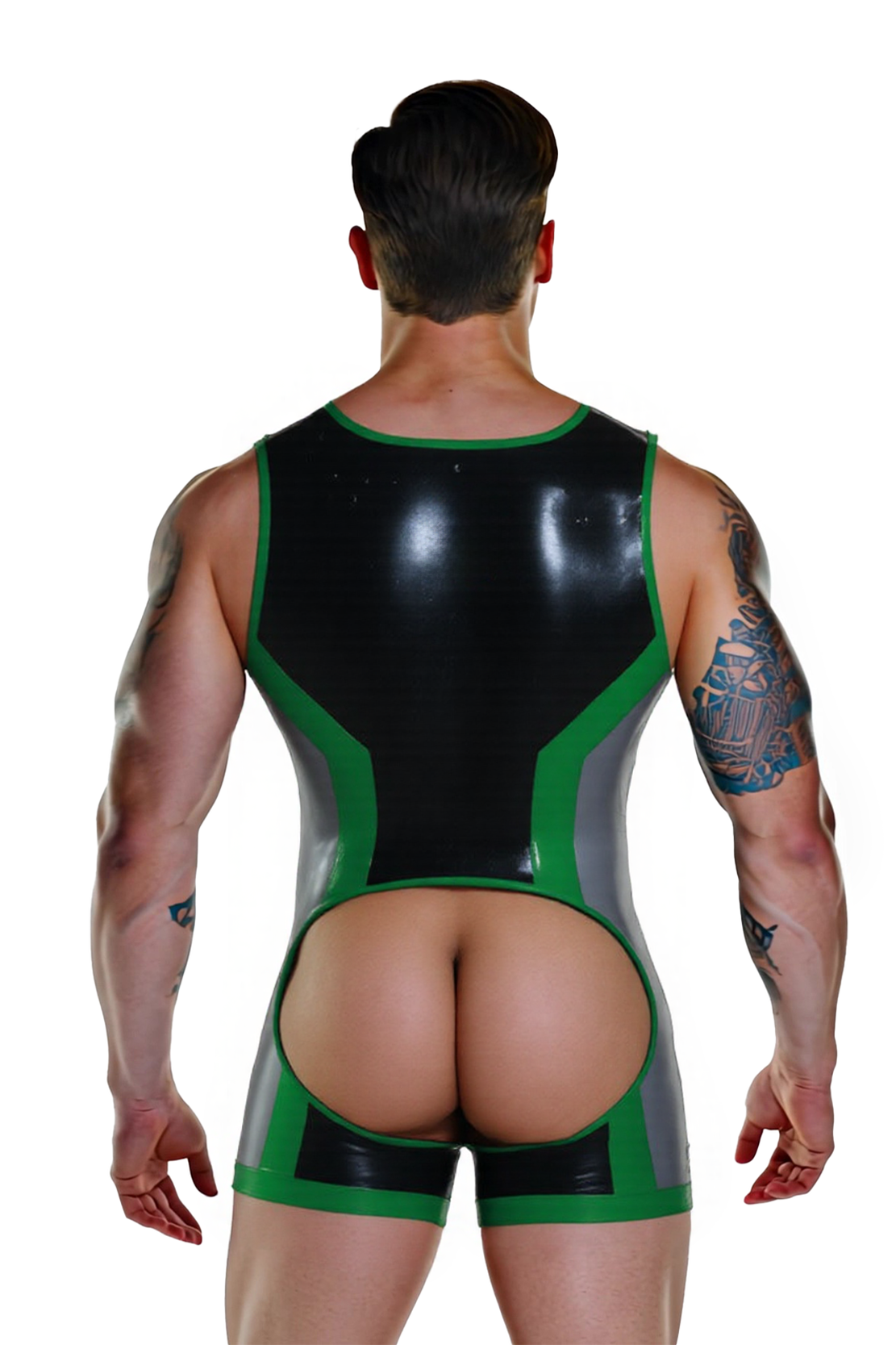 Joylgbt's Men’s Open Back PU Leather Singlet – Black & Grey with Red Trim Design