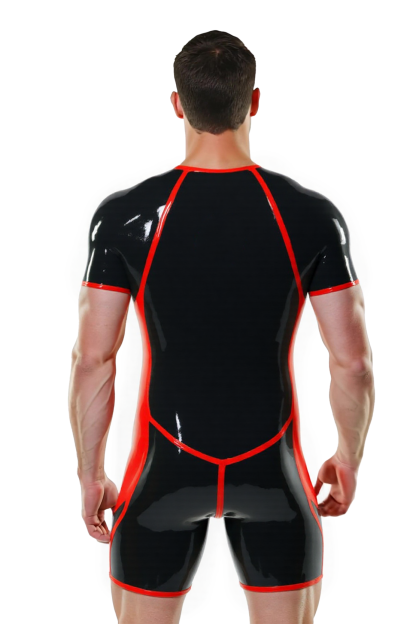 Joylgbt's Men’s Glossy PU Short Sleeve Bodysuit – Black with Red or Green Contrast Trim | Tight Fit Latex-Look Jumpsuit for Clubwear & Roleplay