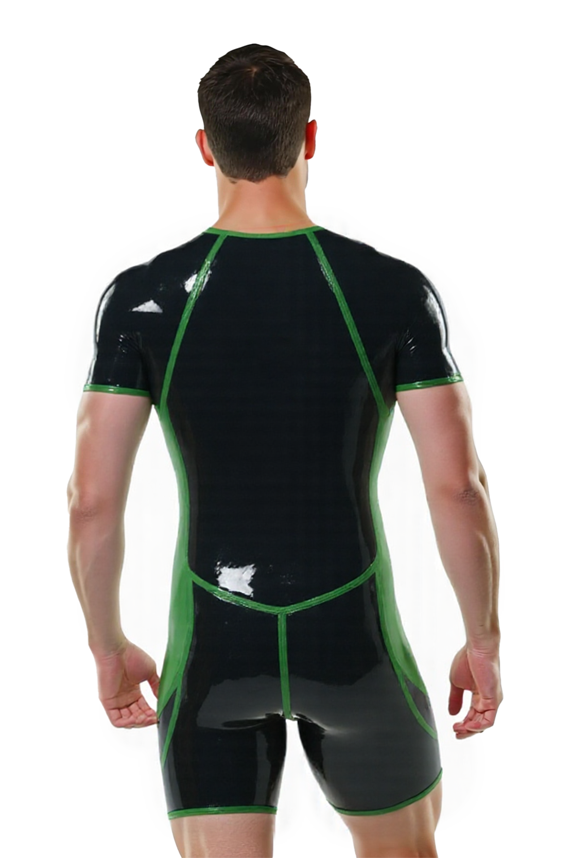 Joylgbt's Men’s Glossy PU Short Sleeve Bodysuit – Black with Red or Green Contrast Trim | Tight Fit Latex-Look Jumpsuit for Clubwear & Roleplay