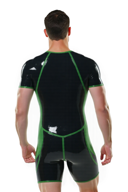 Joylgbt's Men’s Glossy PU Short Sleeve Bodysuit – Black with Red or Green Contrast Trim | Tight Fit Latex-Look Jumpsuit for Clubwear & Roleplay