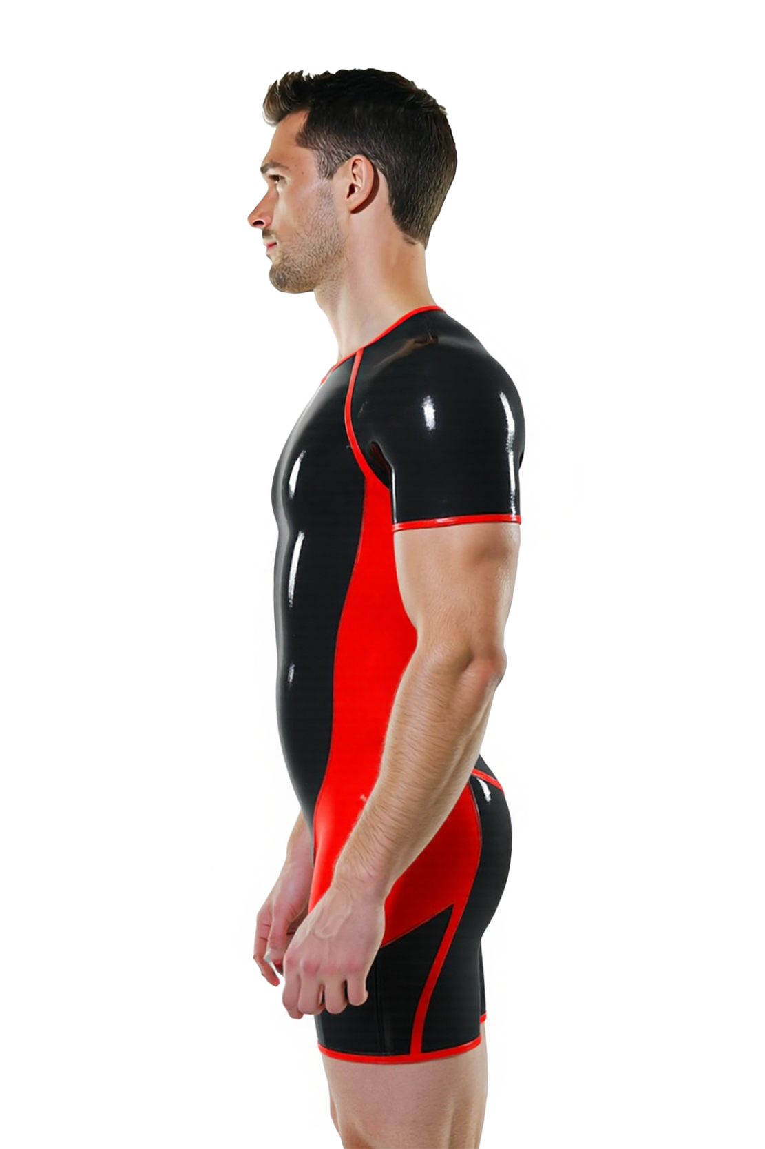 Joylgbt's Men’s Glossy PU Short Sleeve Bodysuit – Black with Red or Green Contrast Trim | Tight Fit Latex-Look Jumpsuit for Clubwear & Roleplay
