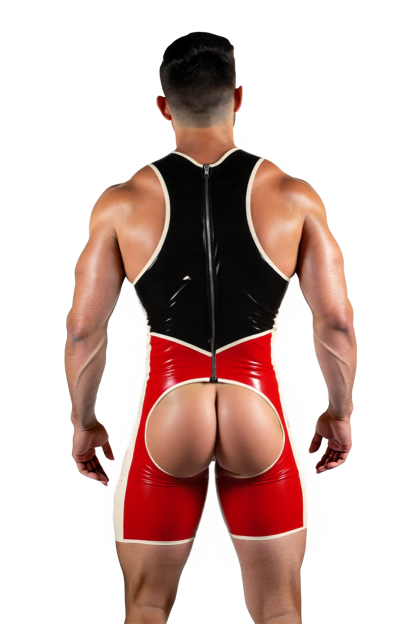Red & Black LEATHER Wrestler Bodysuit – Open Back Cutout Fetish Singlet for Men