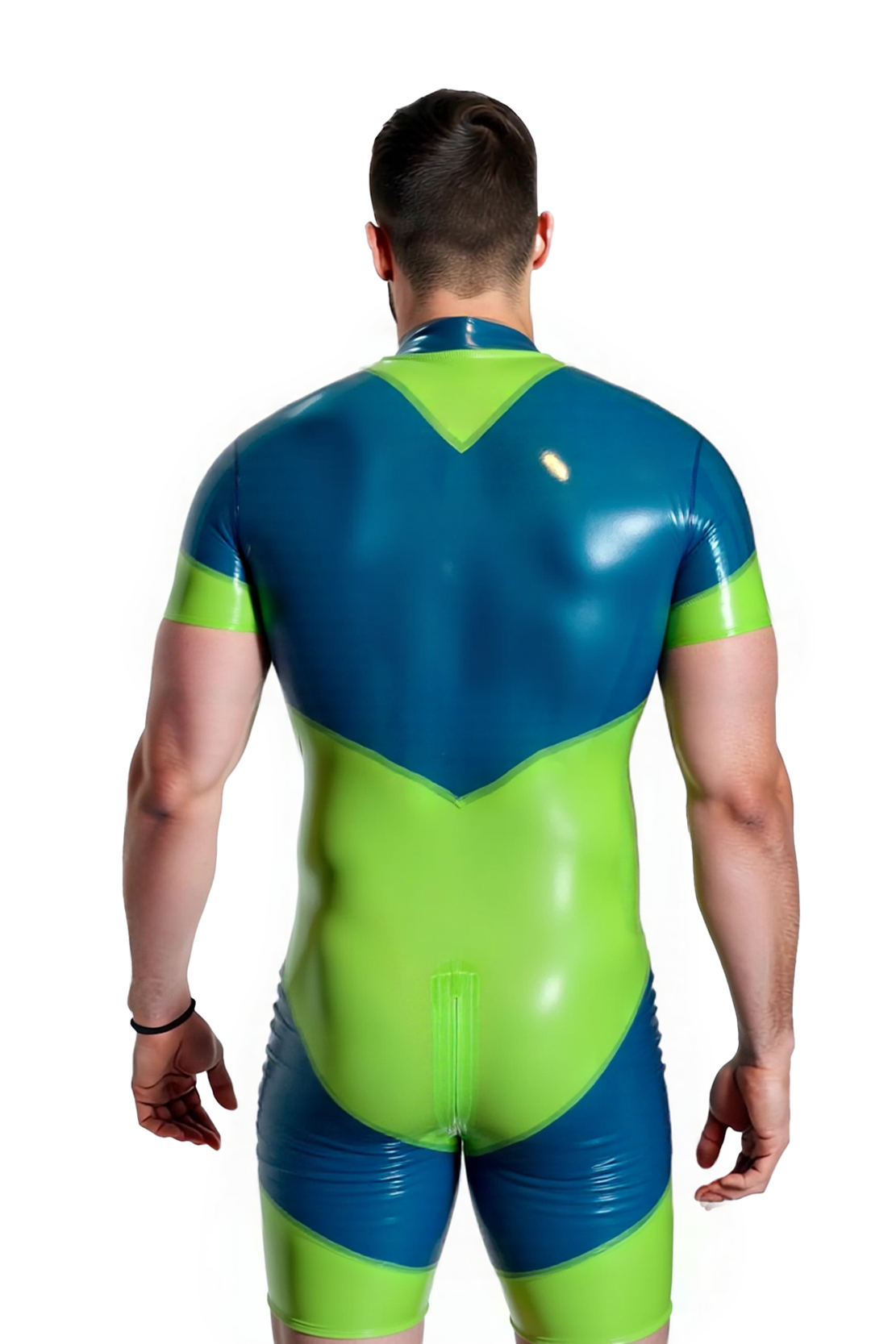 Joylgbt's Men’s Glossy Green & Blue Short-Sleeve Leather Bodysuit with Zipper | Gay Fetish Roleplay Jumpsuit