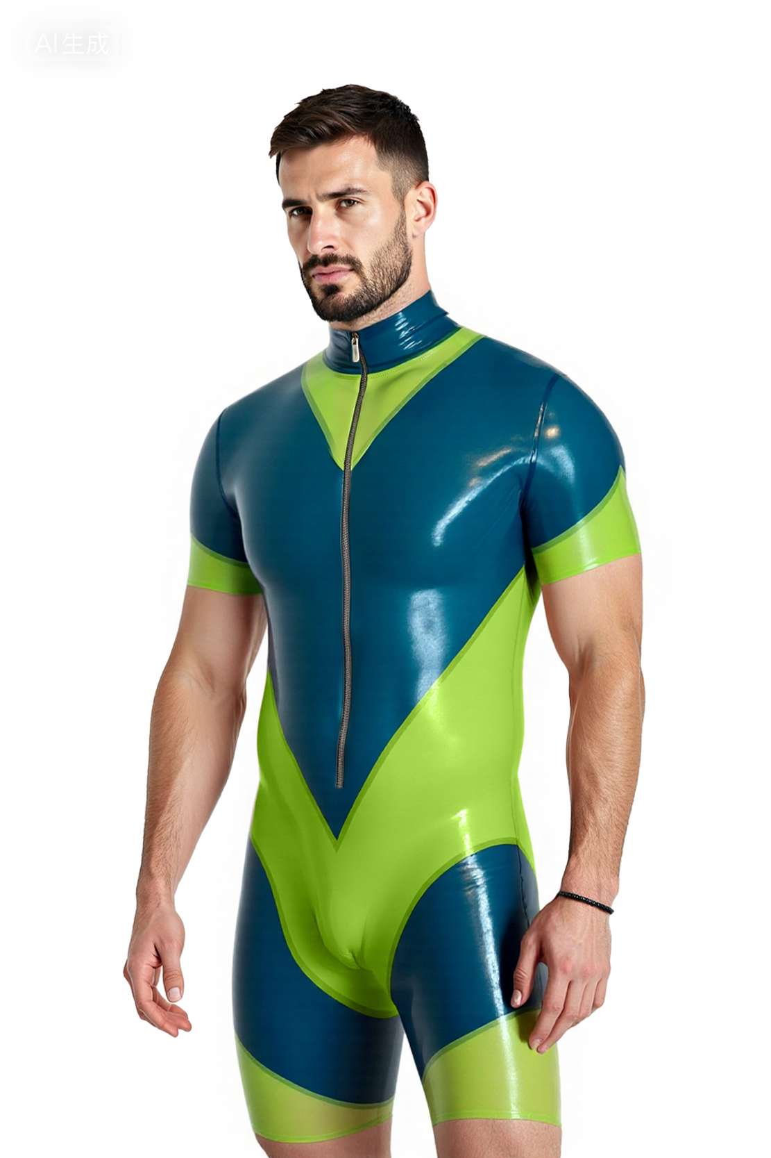 Joylgbt's Men’s Glossy Green & Blue Short-Sleeve Leather Bodysuit with Zipper | Gay Fetish Roleplay Jumpsuit
