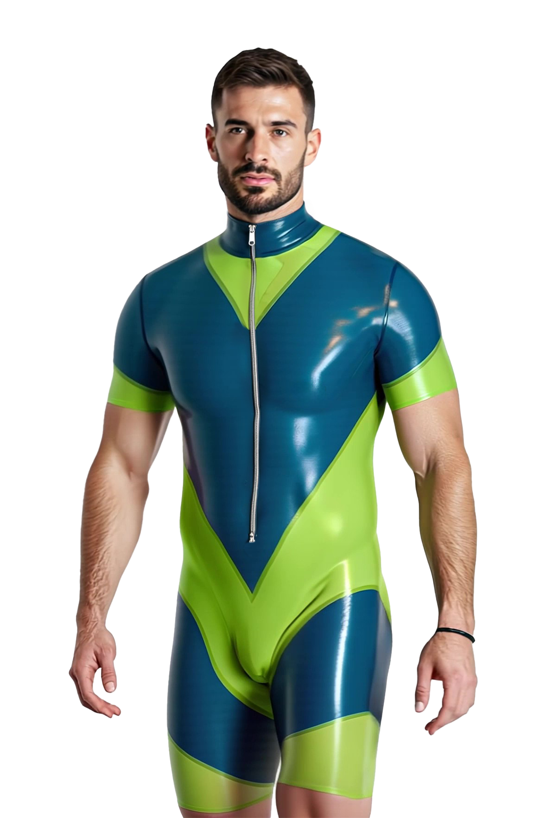 Joylgbt's Men’s Glossy Green & Blue Short-Sleeve Leather Bodysuit with Zipper | Gay Fetish Roleplay Jumpsuit