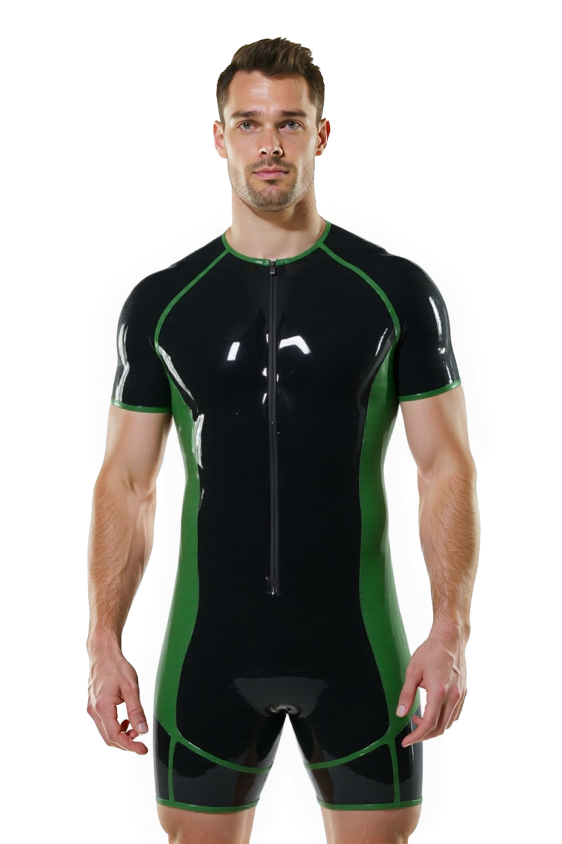 Joylgbt's Men’s Glossy PU Short Sleeve Bodysuit – Black with Red or Green Contrast Trim | Tight Fit Latex-Look Jumpsuit for Clubwear & Roleplay