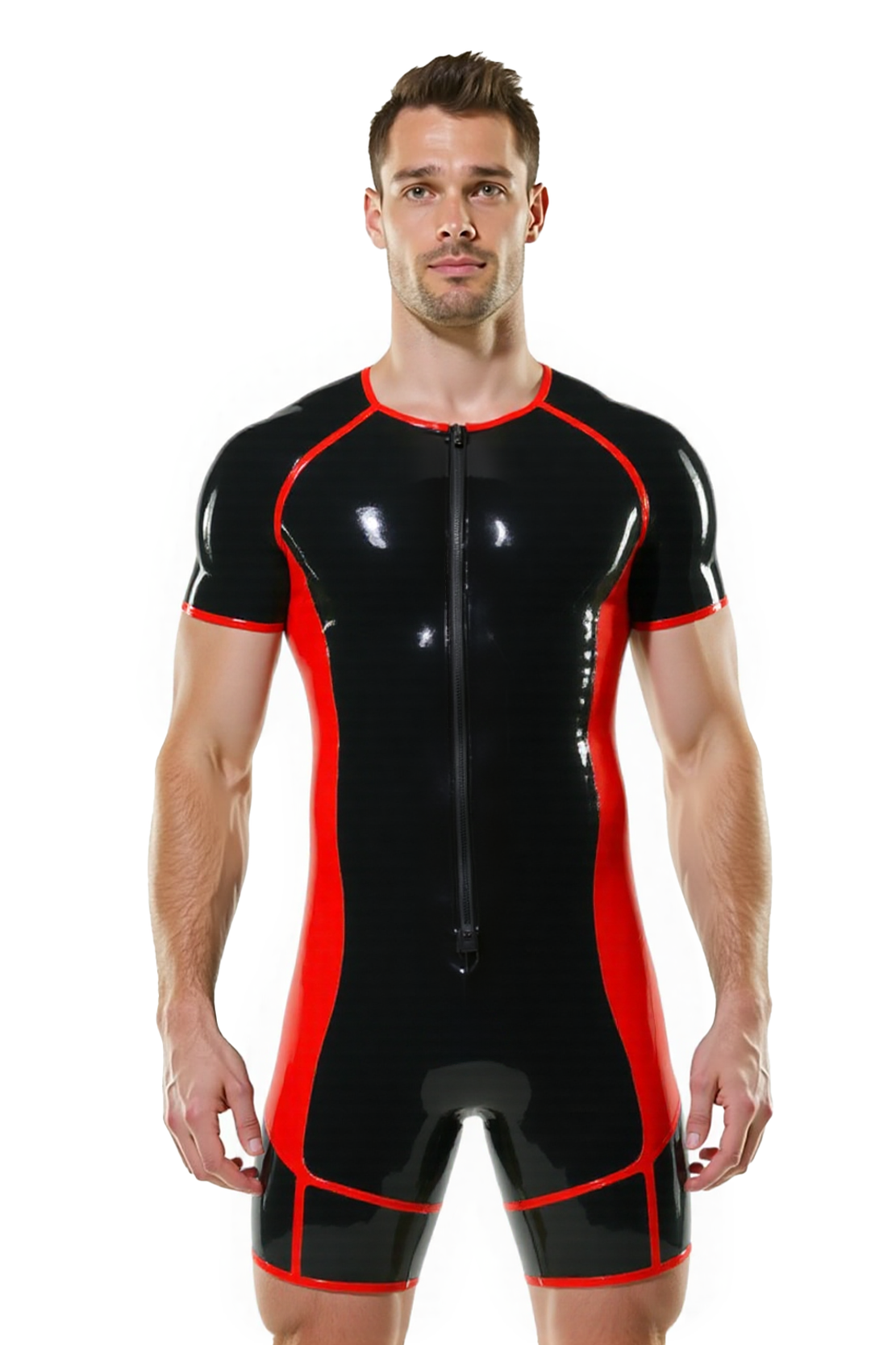 Joylgbt's Men’s Glossy PU Short Sleeve Bodysuit – Black with Red or Green Contrast Trim | Tight Fit Latex-Look Jumpsuit for Clubwear & Roleplay