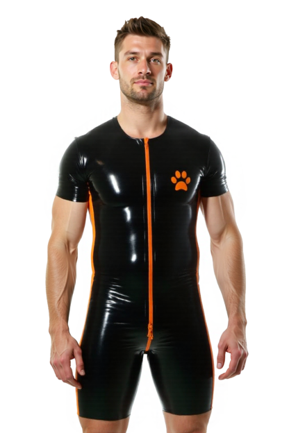 Joylgbt's Men’s Shiny Black Leather Bodysuit with Orange Paw Print and Full Zipper