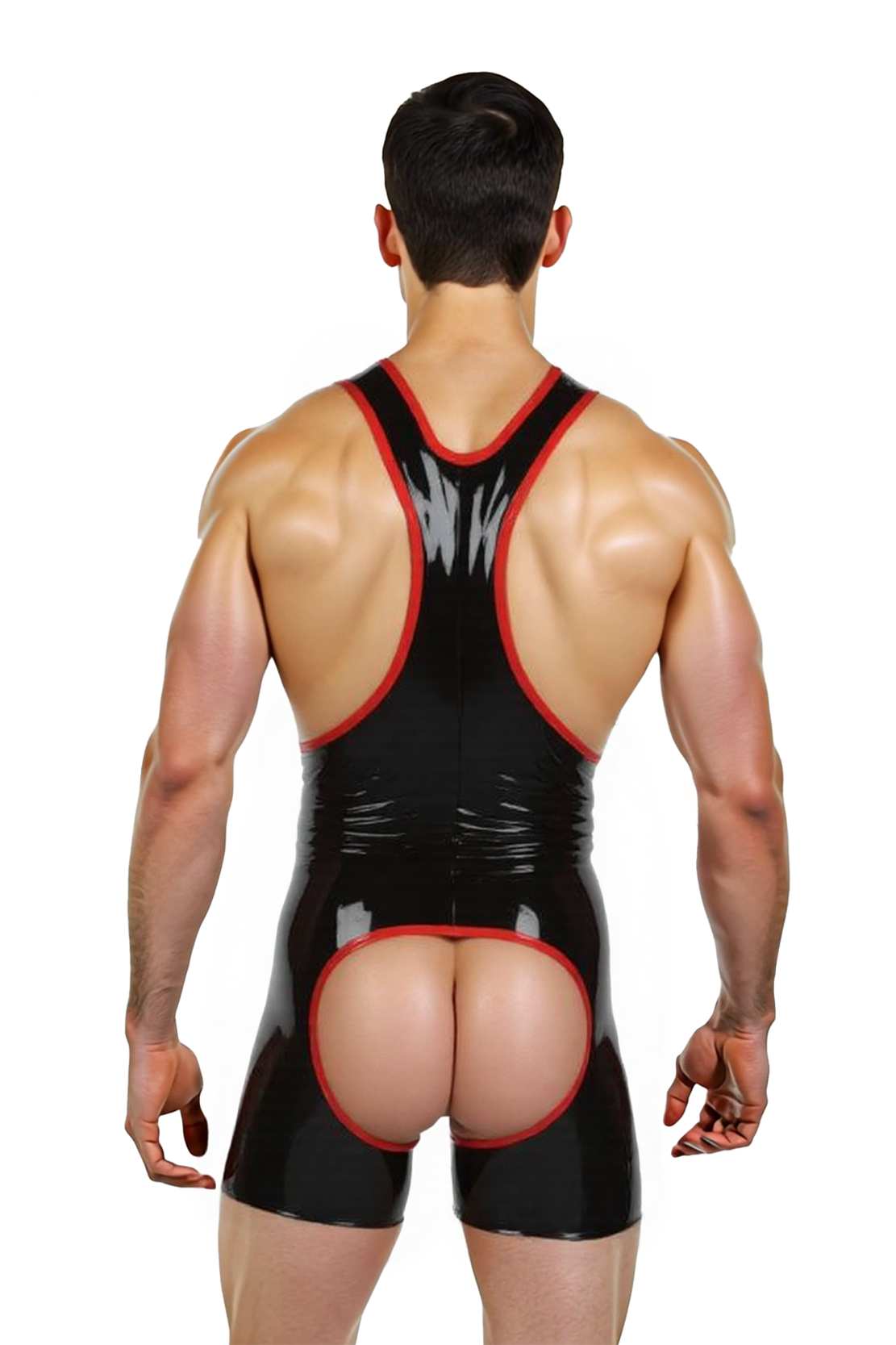 Joylgbt's Men's Black Glossy Leather Bodysuit with Red Trim – Open Front & Back Fetish Romper