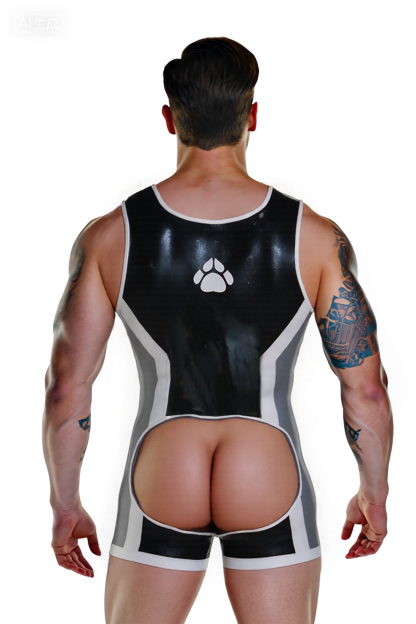 Joylgbt's Men’s Open Back PU Leather Singlet – Black & Grey with Red Trim Design