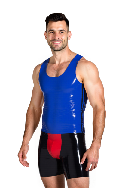 Joylgbt‘s Men’s Blue Glossy Tank Top and Black Boxer Shorts Set – Fetish Sleeveless Outfit for Pride, Roleplay & Partywear