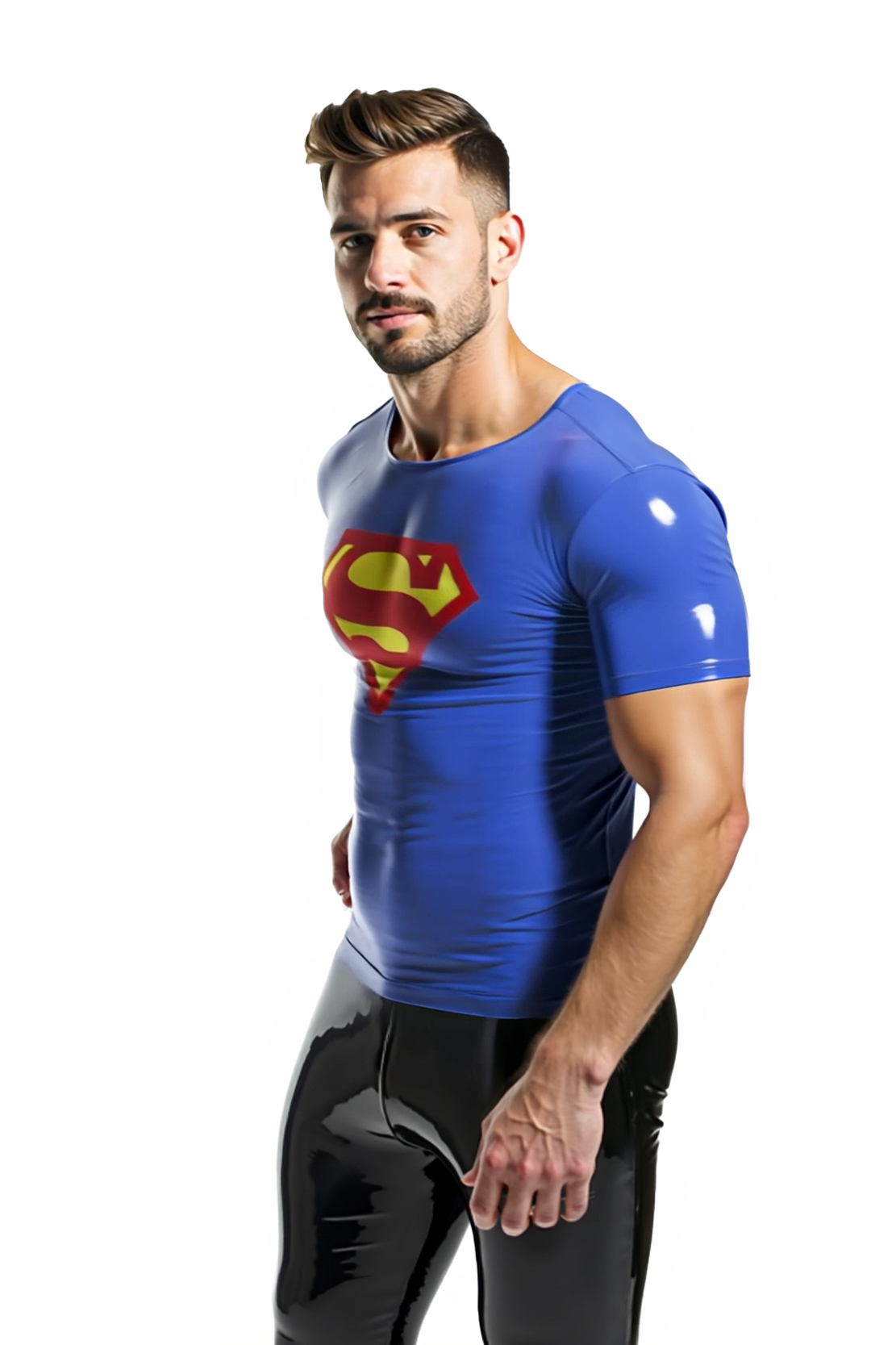 Joylgbt‘s Superhero Costume Faux Leather T-Shirt – Tight Fit Halloween Fetish Top for Men