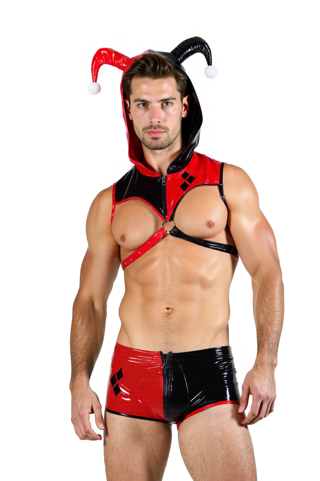 Joylgbt‘s Men’s Jester-Inspired Fetish Costume with Hood & Harness