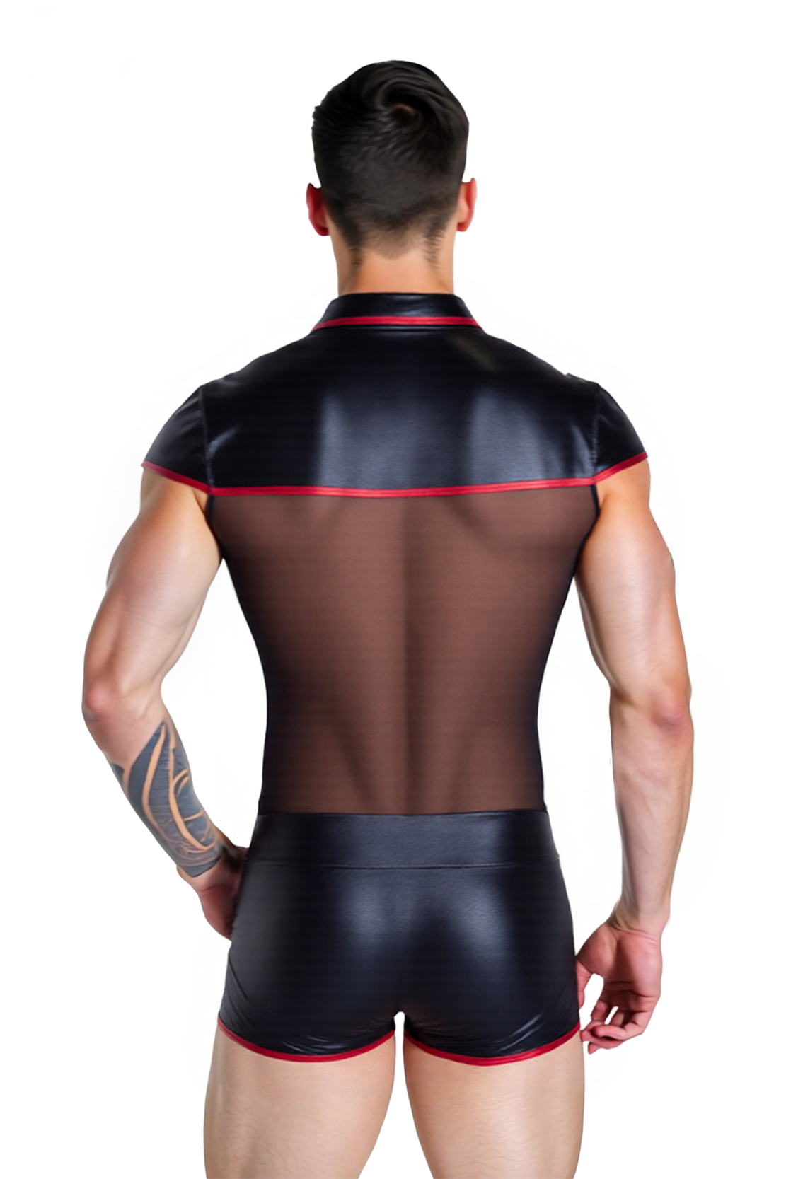 Joylgbt‘s Sheer Mesh Bodysuit with Faux Leather Trim – Sexy Zipper One-Piece for Men