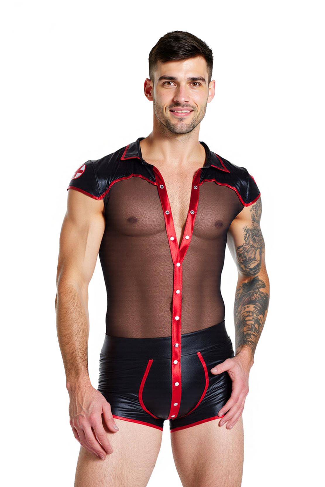 Joylgbt‘s Sheer Mesh Bodysuit with Faux Leather Trim – Sexy Zipper One-Piece for Men