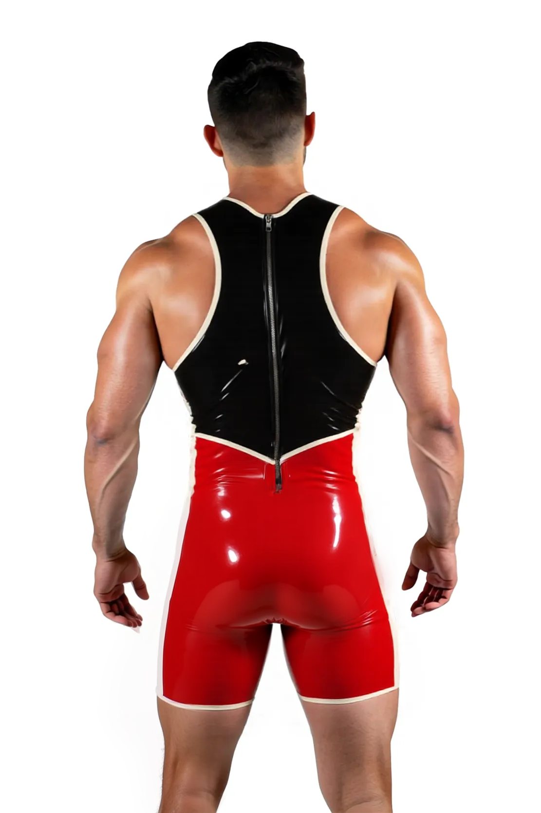 Red & Black LEATHER Wrestler Bodysuit – Open Back Cutout Fetish Singlet for Men
