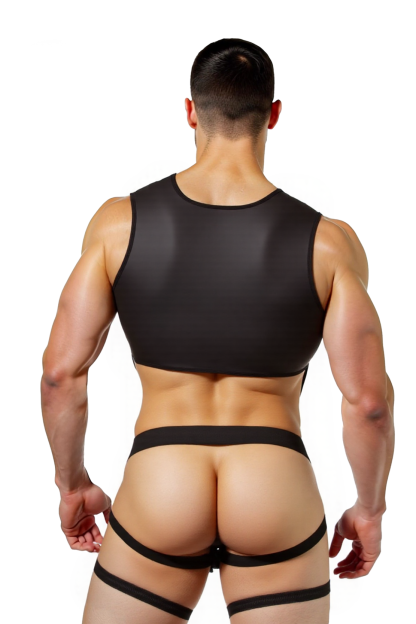 Joylgbt's Men's Stretch Mesh Garter Vest Set with Open Back Thong – Sexy Fetish-Inspired Lingerie Without Stockings