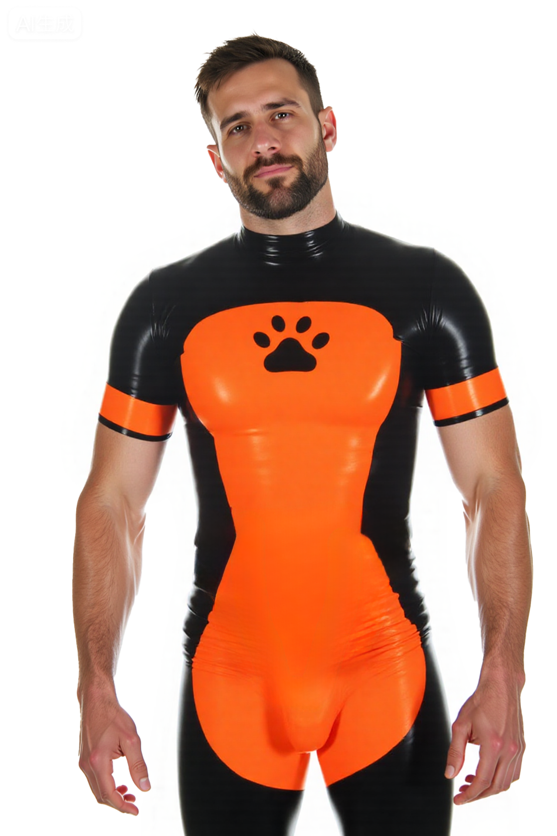 Men’s Black & Orange Paw Print Fetish Bodysuit – Shiny Faux Leather Puppy Play Suit