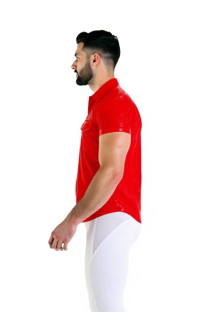 Joylgbt's Short Sleeve Shiny Faux Leather Shirt with Button Front