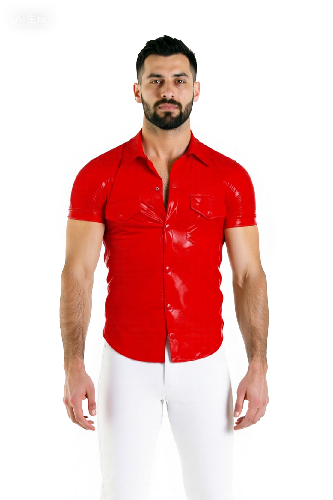 Joylgbt's Short Sleeve Shiny Faux Leather Shirt with Button Front