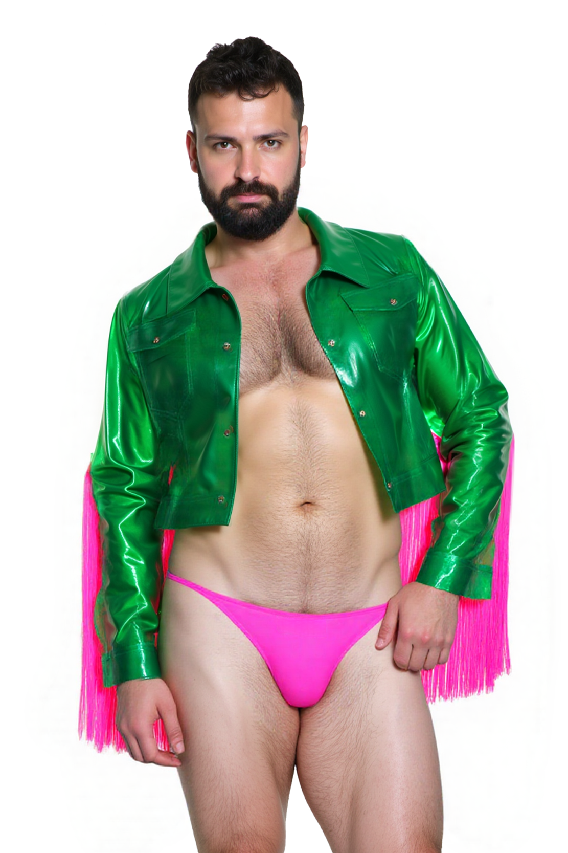 Joylgbt Fringed PU Leather Crop Jacket with Pink Tassels