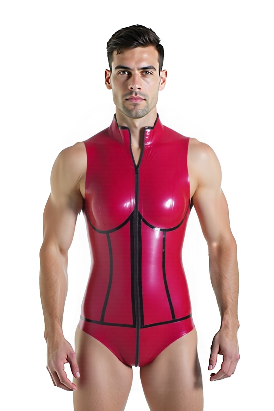 Joylgbt's Men's Red Glossy Zip-Up Bodysuit with High Collar & Contour Stitching