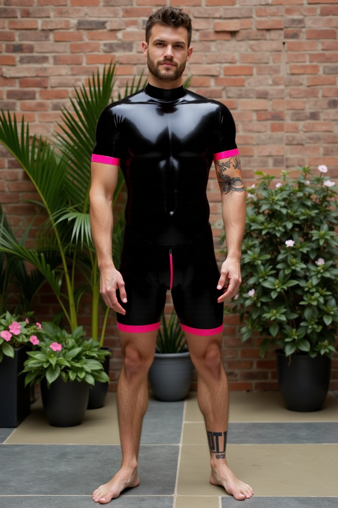 Men’s Glossy Black PU Leather Fetish Bodysuit with Pink Trim – Short Sleeve Romper | JoyLGBT