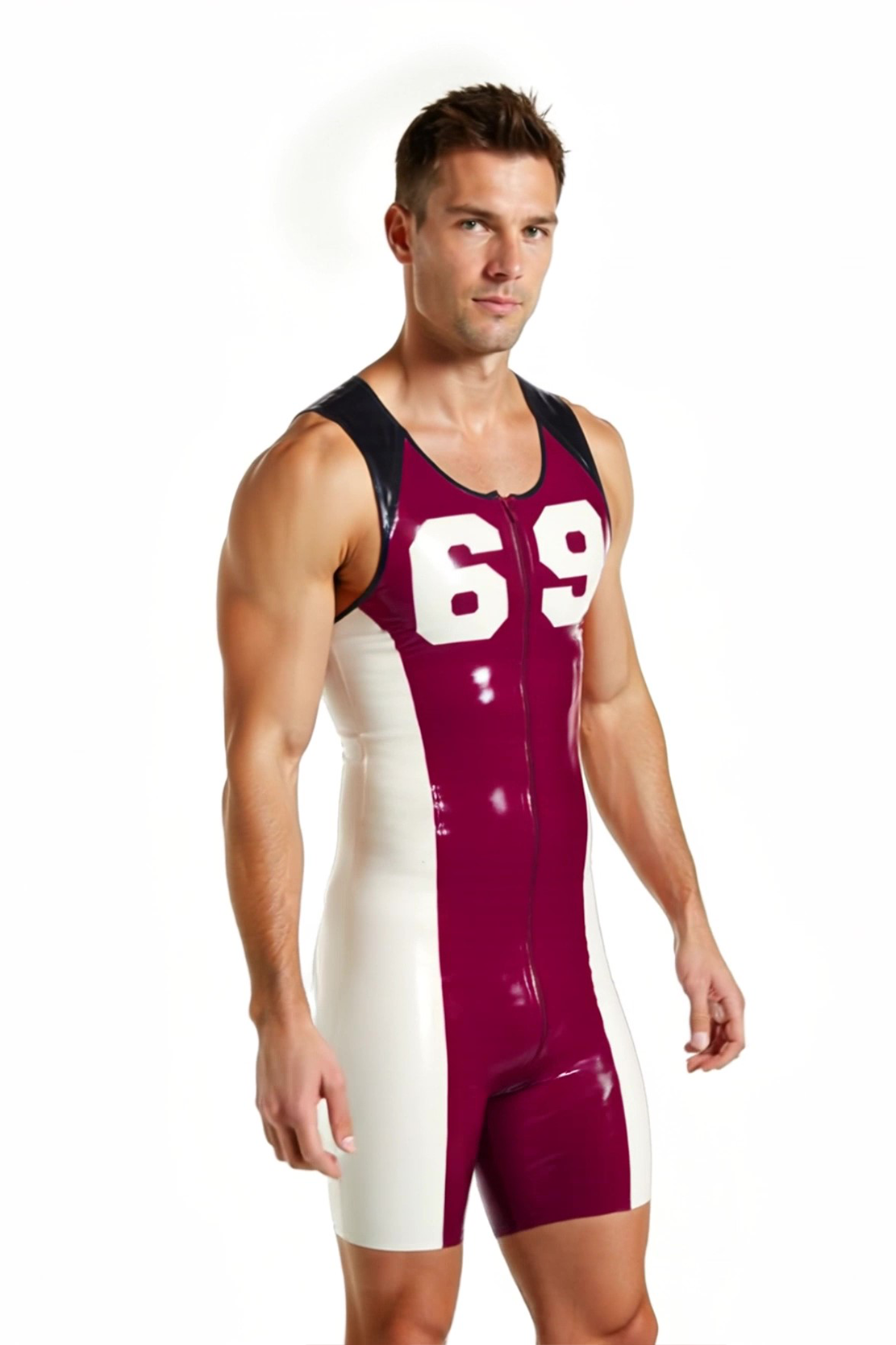 Joylgbt‘s Men's Shiny Sleeveless Bodysuit – Colorblock 38 Number One-Piece with Front Zipper