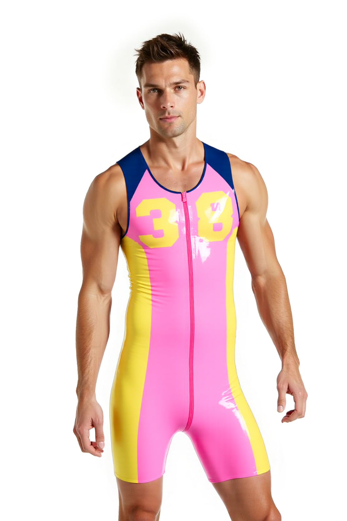 Joylgbt‘s Men's Shiny Sleeveless Bodysuit – Colorblock 38 Number One-Piece with Front Zipper